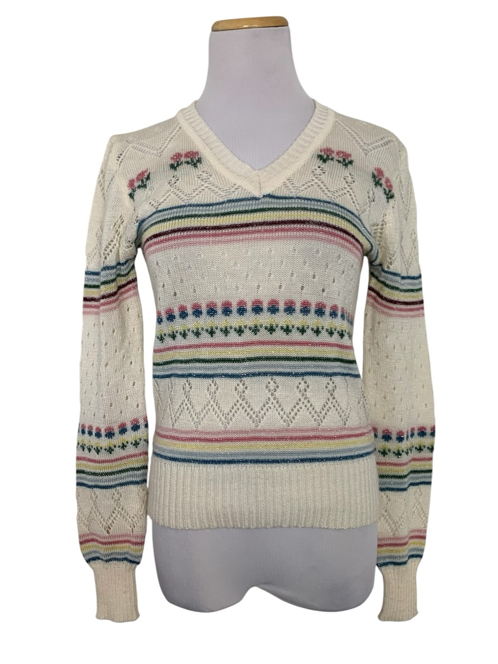 Vintage Radishes & Roses Pointelle striped floral Metallic thread sweater